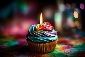 a cupcake with a rainbow colored frosting and a single candle. AI-Generated photo