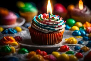 a cupcake with a lit candle on top of a plate. AI-Generated photo