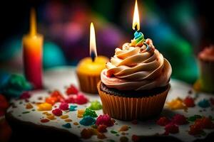 a cupcake with a candle on top and colorful candles. AI-Generated photo