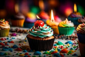 colorful cupcakes with candles on a table. AI-Generated photo