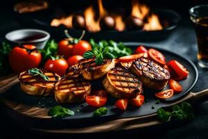 A la parrilla pollo y vegetales en un negro lámina. generado por ai foto