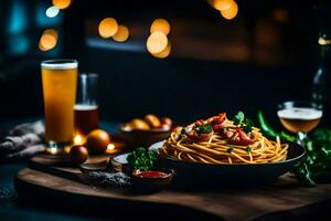 spaghetti with tomato sauce and beer on a wooden table. AI-Generated photo