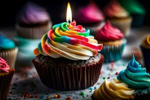 a cupcake with a rainbow colored candle. AI-Generated photo