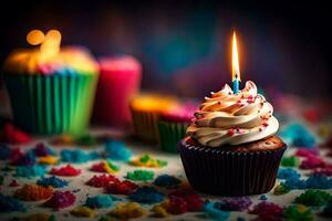 a cupcake with a lit candle on top. AI-Generated photo