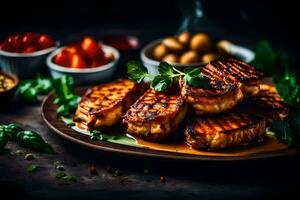 grilled pork chops on a plate with vegetables. AI-Generated photo