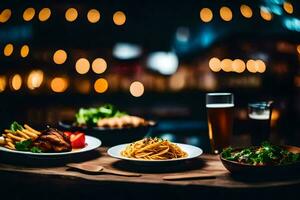 plates of food and drinks on a table in a restaurant. AI-Generated photo
