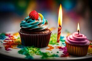 a cupcake with a candle on a plate with colorful sprinkles. AI-Generated photo