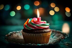 a cupcake with a single candle on top. AI-Generated photo