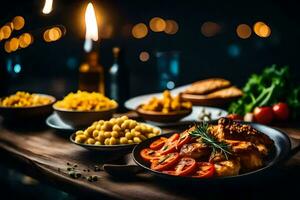 a table with food and candles on it. AI-Generated photo