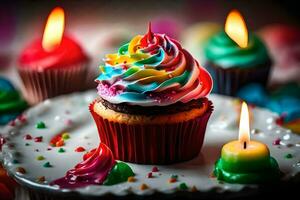 a cupcake with colorful frosting and candles. AI-Generated photo