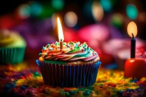 a cupcake with a candle on top and colorful sprinkles. AI-Generated photo