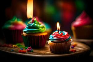 colorful cupcakes with a candle. AI-Generated photo