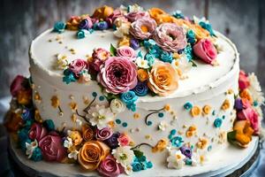 a cake decorated with colorful flowers on a wooden table. AI-Generated photo