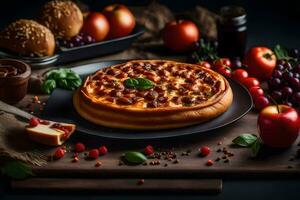 pizza with meat, cheese and vegetables on a black plate. AI-Generated photo