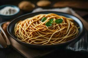 spaghetti in a bowl on a wooden table. AI-Generated photo