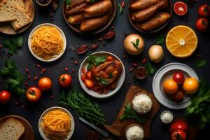 various foods including bread, cheese, tomatoes, eggs and sausage on a black background. AI-Generated photo