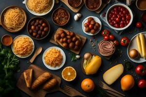 varios tipos de comida en un mesa. generado por ai foto