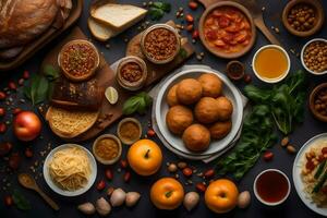 various foods are arranged on a table. AI-Generated photo