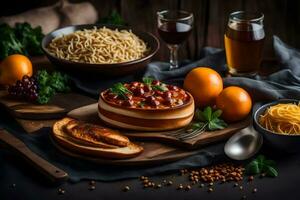 chili cheese pizza with pasta, cheese, tomatoes and bread on a wooden table. AI-Generated photo