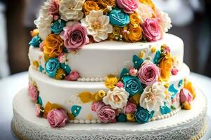 a three tiered cake with colorful flowers on top. AI-Generated photo