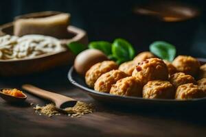 a bowl of meatballs with spices and a wooden spoon. AI-Generated photo