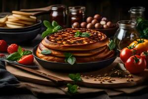 a stack of pancakes on a wooden table. AI-Generated photo