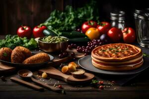 a pizza with cheese, vegetables and other ingredients. AI-Generated photo