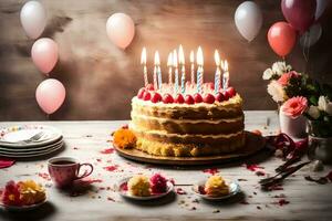 cumpleaños pastel con velas en un de madera mesa. generado por ai foto