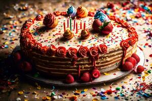 a birthday cake with candles and sprinkles. AI-Generated photo