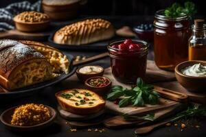 a variety of breads, jams and other foods on a table. AI-Generated photo