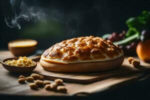 a bread with cheese and nuts on a wooden table. AI-Generated photo