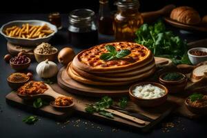 pizza with toppings on a wooden board. AI-Generated photo