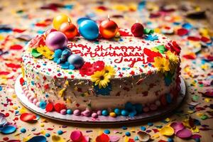 a birthday cake with colorful confetti and balloons. AI-Generated photo