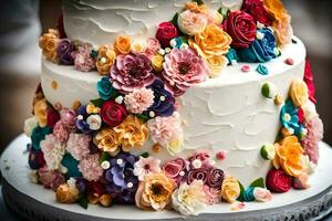 un Boda pastel con vistoso flores en cima. generado por ai foto