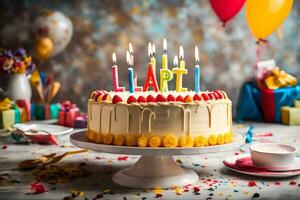 un cumpleaños pastel con velas en parte superior y globos generado por ai foto