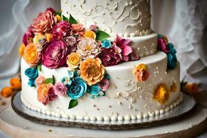 a three tiered cake with colorful flowers on top. AI-Generated photo