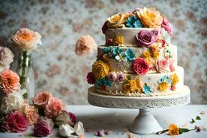 un Boda pastel con vistoso flores en cima. generado por ai foto