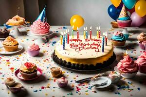 un cumpleaños pastel con velas y magdalenas en un mesa. generado por ai foto