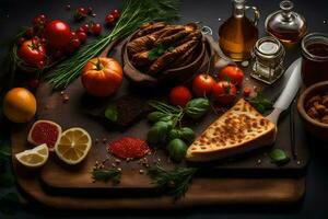 an assortment of food on a cutting board. AI-Generated photo