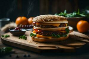 a large hamburger with cheese and meat on a wooden cutting board. AI-Generated photo