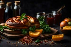 a bread with fruit and spices on a wooden cutting board. AI-Generated photo