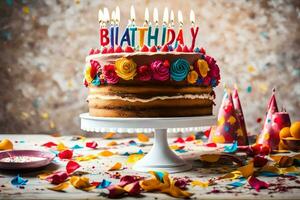 a birthday cake with colorful candles and confetti. AI-Generated photo