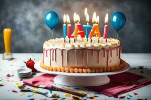 un cumpleaños pastel con velas y el palabra atal en él. generado por ai foto