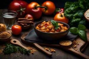 chicken curry with vegetables and spices on a wooden table. AI-Generated photo