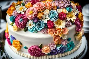 a cake decorated with colorful flowers on top. AI-Generated photo