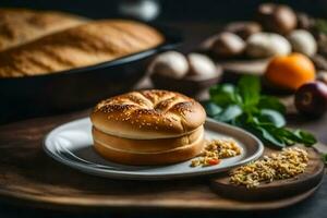 a bagel with cheese and bread on a plate. AI-Generated photo