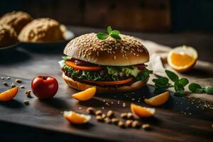 a hamburger with vegetables and fruit on a wooden table. AI-Generated photo