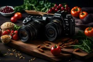 two cameras on a cutting board with vegetables and other ingredients. AI-Generated photo