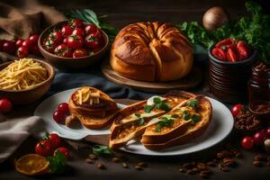 various foods including bread, cheese and vegetables on a table. AI-Generated photo