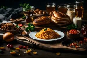 spaghetti with meatballs, bread and vegetables on a wooden table. AI-Generated photo